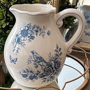 NEW! Vintage Inspired Shabby Chic Floral Blue & White Song Bird Ceramic Pitcher